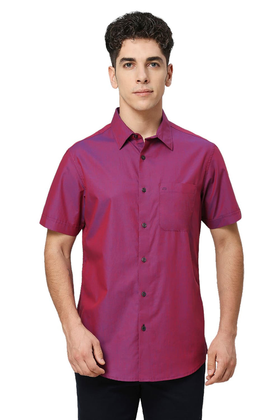 BASICS SLIM FIT PURPLLE CASPIA COTTON CHAMBRAY HALFSLEEVES SHIRT