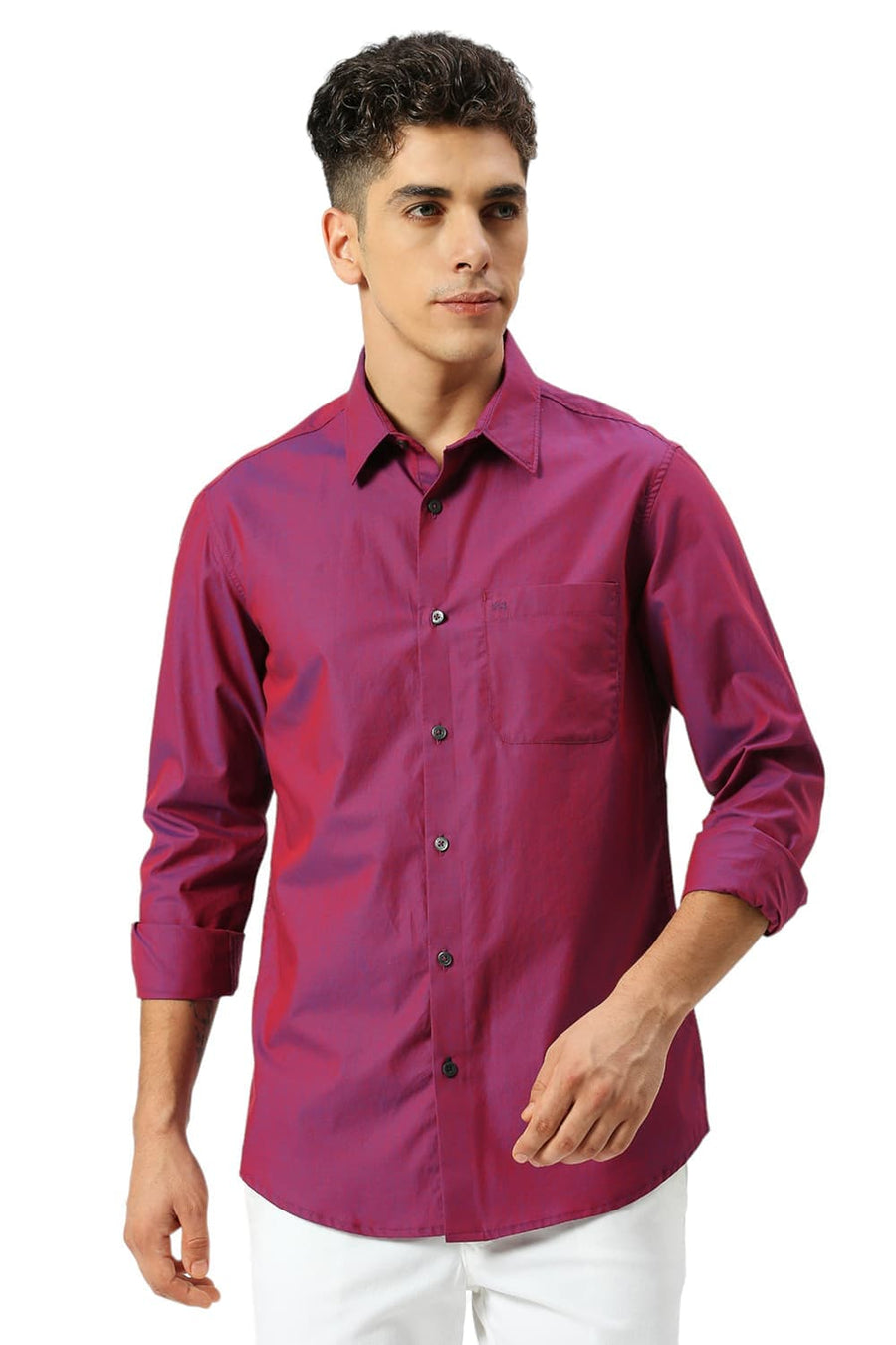 BASICS SLIM FIT PURPLLE CASPIA COTTON CHAMBRAY SHIRT