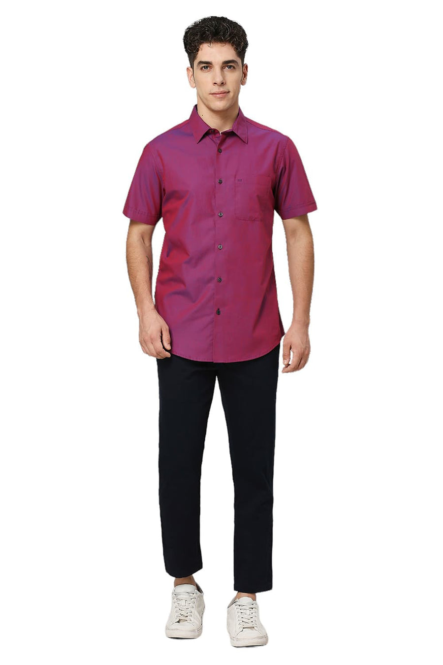 BASICS SLIM FIT PURPLLE CASPIA COTTON CHAMBRAY HALFSLEEVES SHIRT