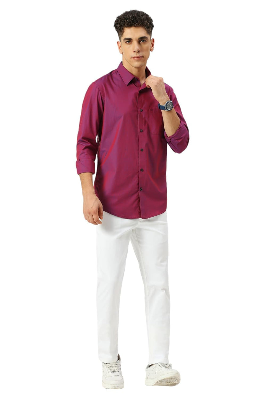BASICS SLIM FIT PURPLLE CASPIA COTTON CHAMBRAY SHIRT