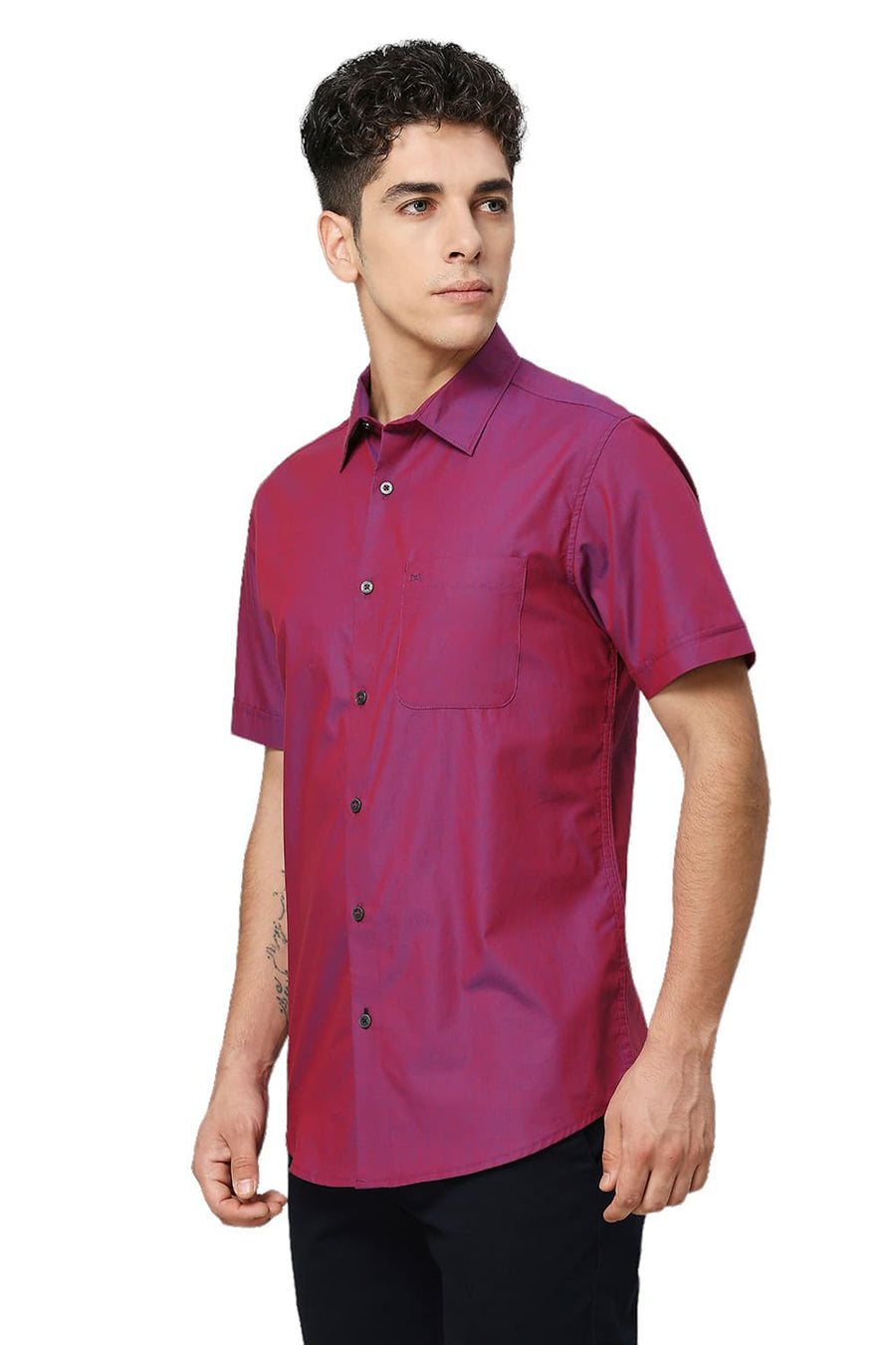 BASICS SLIM FIT PURPLLE CASPIA COTTON CHAMBRAY HALFSLEEVES SHIRT