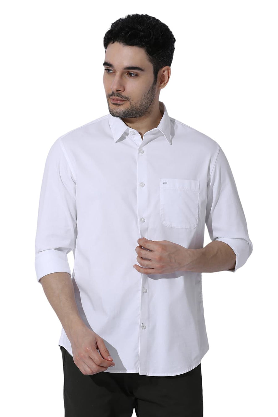 BASICS SLIM FIT LUCENT WHITE COTTON POLYESTER CAVALRY TWILL SHIRT