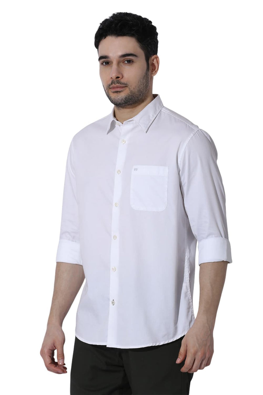 BASICS SLIM FIT LUCENT WHITE COTTON POLYESTER CAVALRY TWILL SHIRT