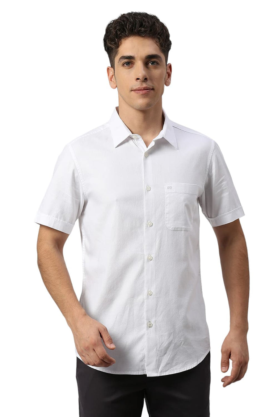 BASICS SLIM FIT CLOUD WHITE COTTON DOBBY HALFSLEEVES SHIRT