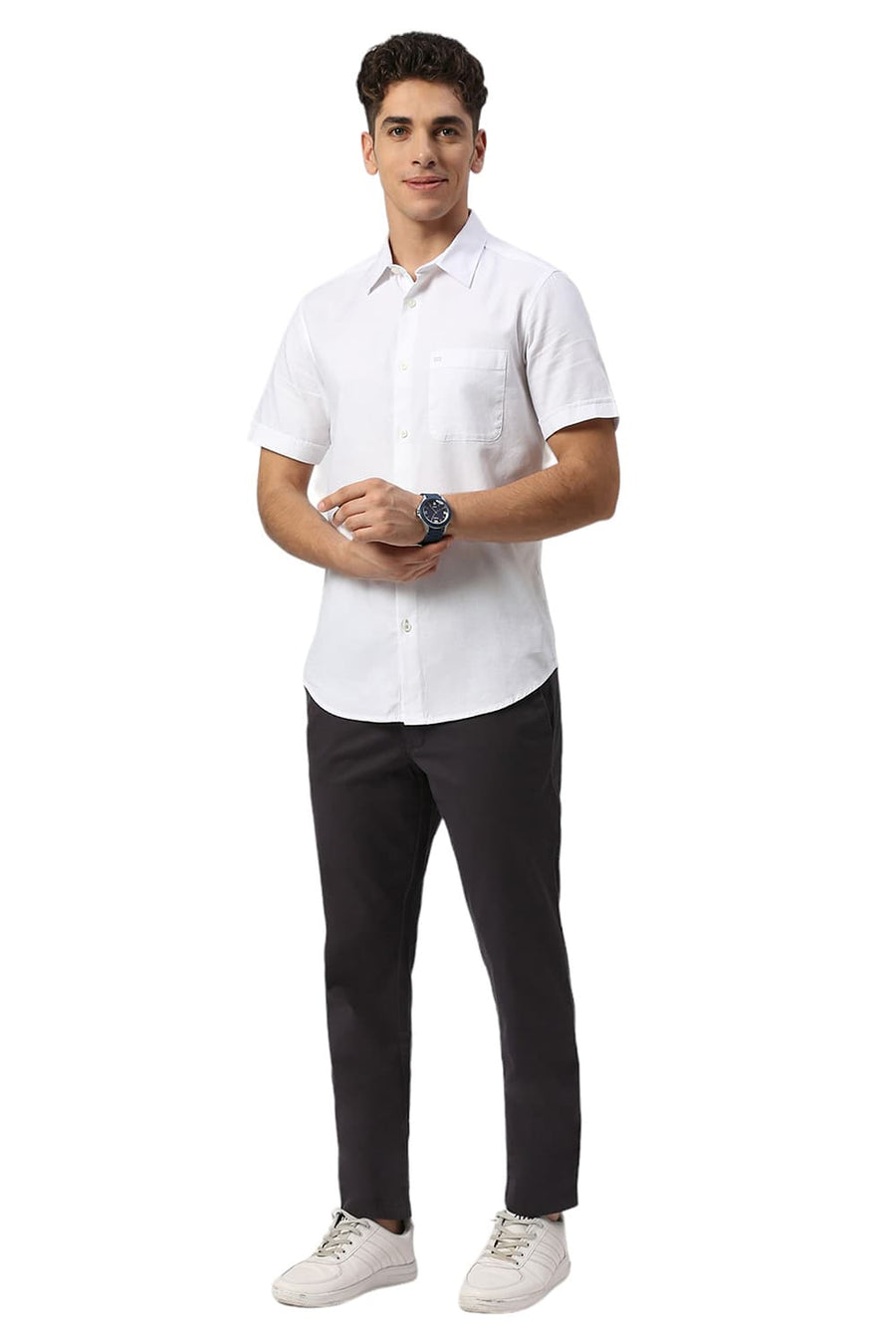 BASICS SLIM FIT CLOUD WHITE COTTON DOBBY HALFSLEEVES SHIRT