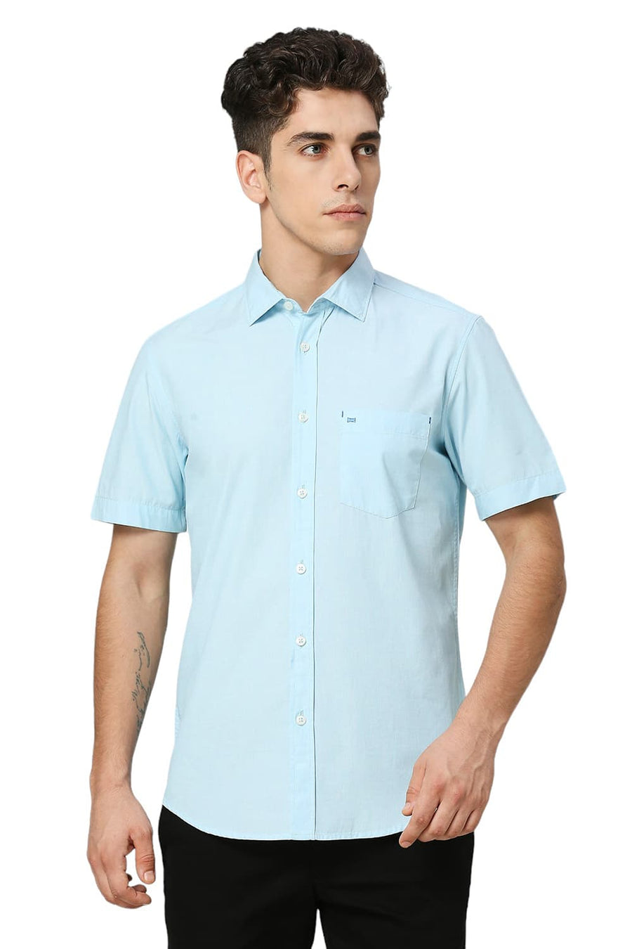 BASICS SLIM FIT CORYDALIS AQUA COTTON FIL-A-FIL HALFSLEEVES SHIRT