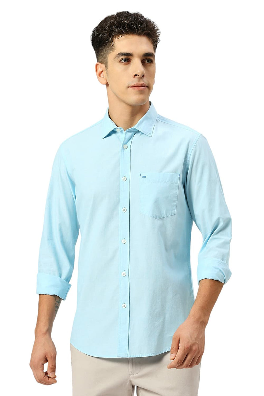 BASICS SLIM FIT CORYDALIS AQUA COTTON FIL-A-FIL SHIRT