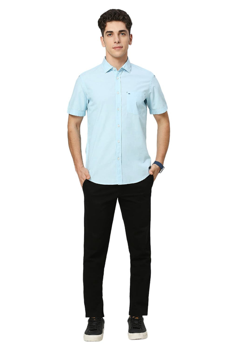 BASICS SLIM FIT CORYDALIS AQUA COTTON FIL-A-FIL HALFSLEEVES SHIRT