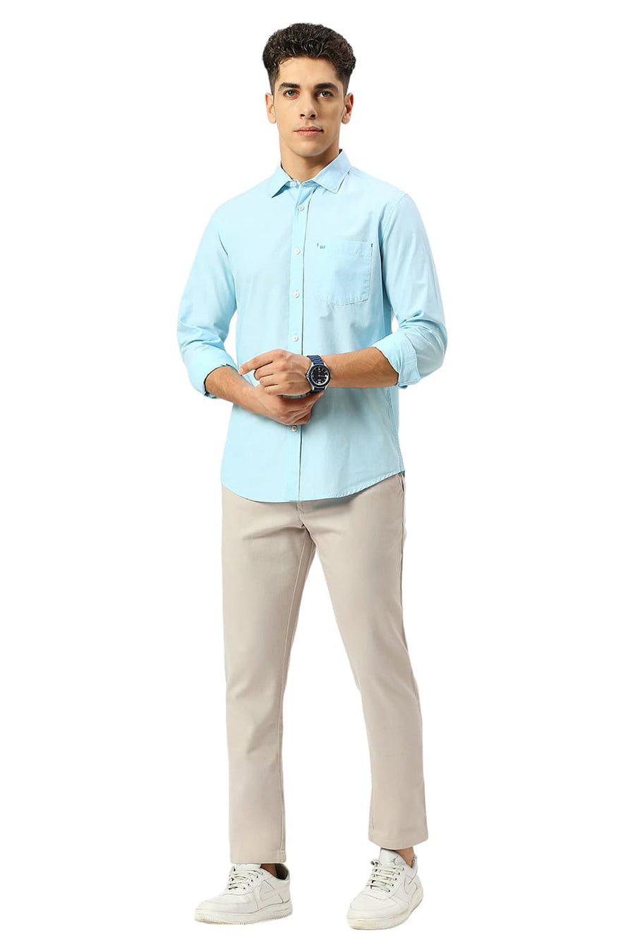 BASICS SLIM FIT CORYDALIS AQUA COTTON FIL-A-FIL SHIRT