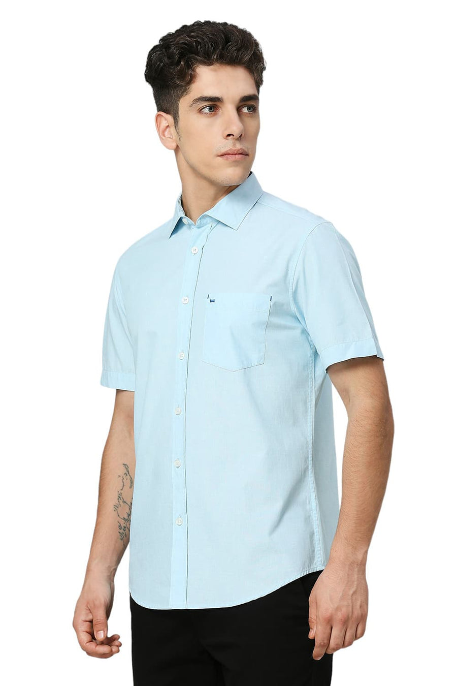 BASICS SLIM FIT CORYDALIS AQUA COTTON FIL-A-FIL HALFSLEEVES SHIRT