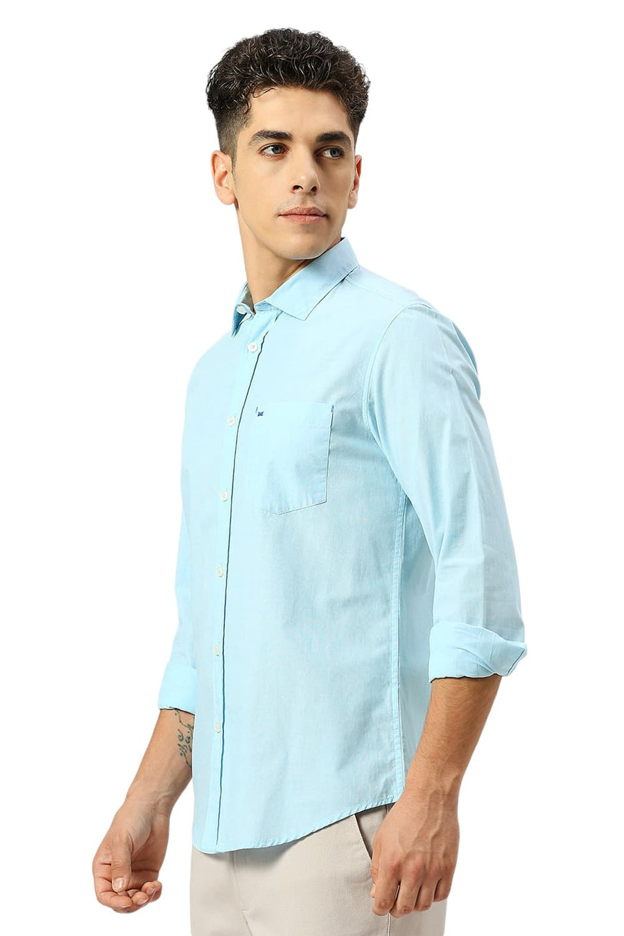 BASICS SLIM FIT CORYDALIS AQUA COTTON FIL-A-FIL SHIRT