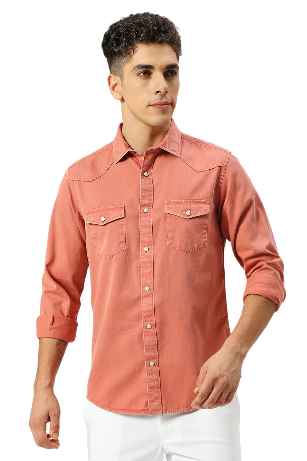 slim fit dress slacks Suslo Couture Peach Cotton Linen Blend Slim Fit Button-Up Casual Shirt –  The Suit Depot main image 0