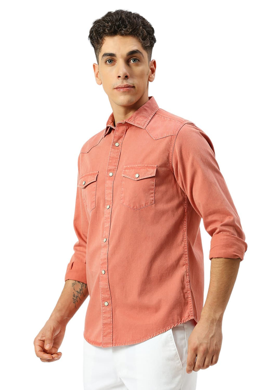 BASICS SLIM FIT PEACH PARFAIT COTTON TWILL SHIRT