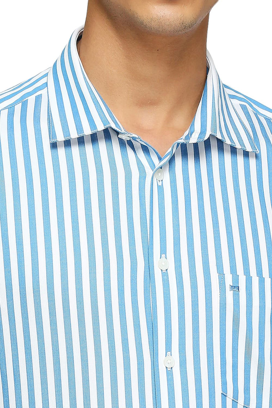 BASICS SLIM FIT HERITAGE BLUE COTTON TWILL STRIPES SHIRTS