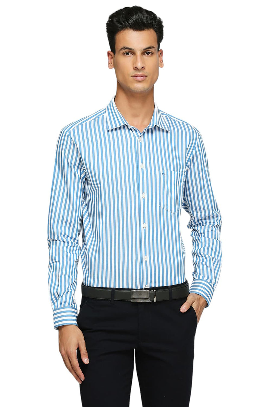 BASICS SLIM FIT HERITAGE BLUE COTTON TWILL STRIPES SHIRTS