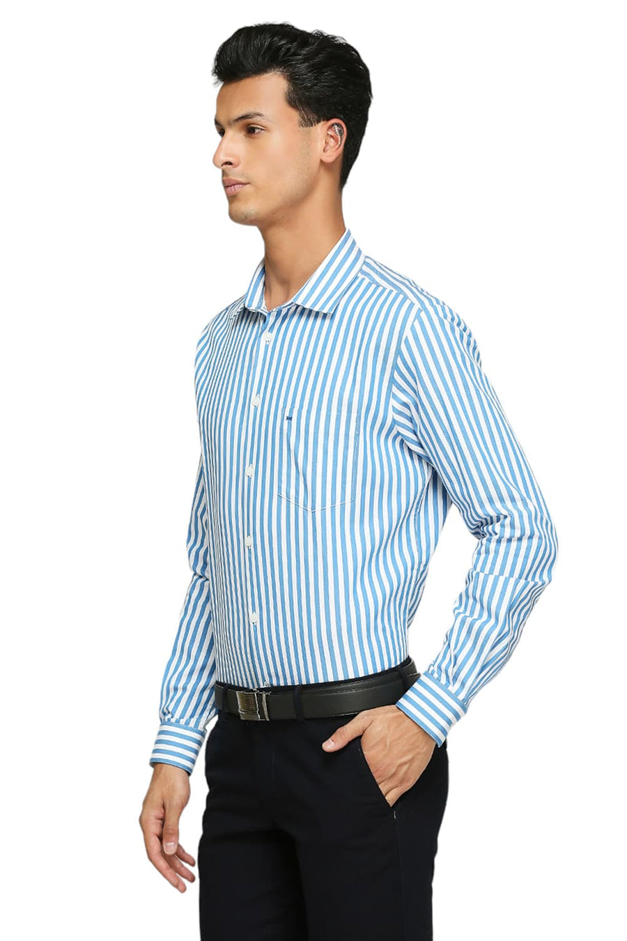 BASICS SLIM FIT HERITAGE BLUE COTTON TWILL STRIPES SHIRTS