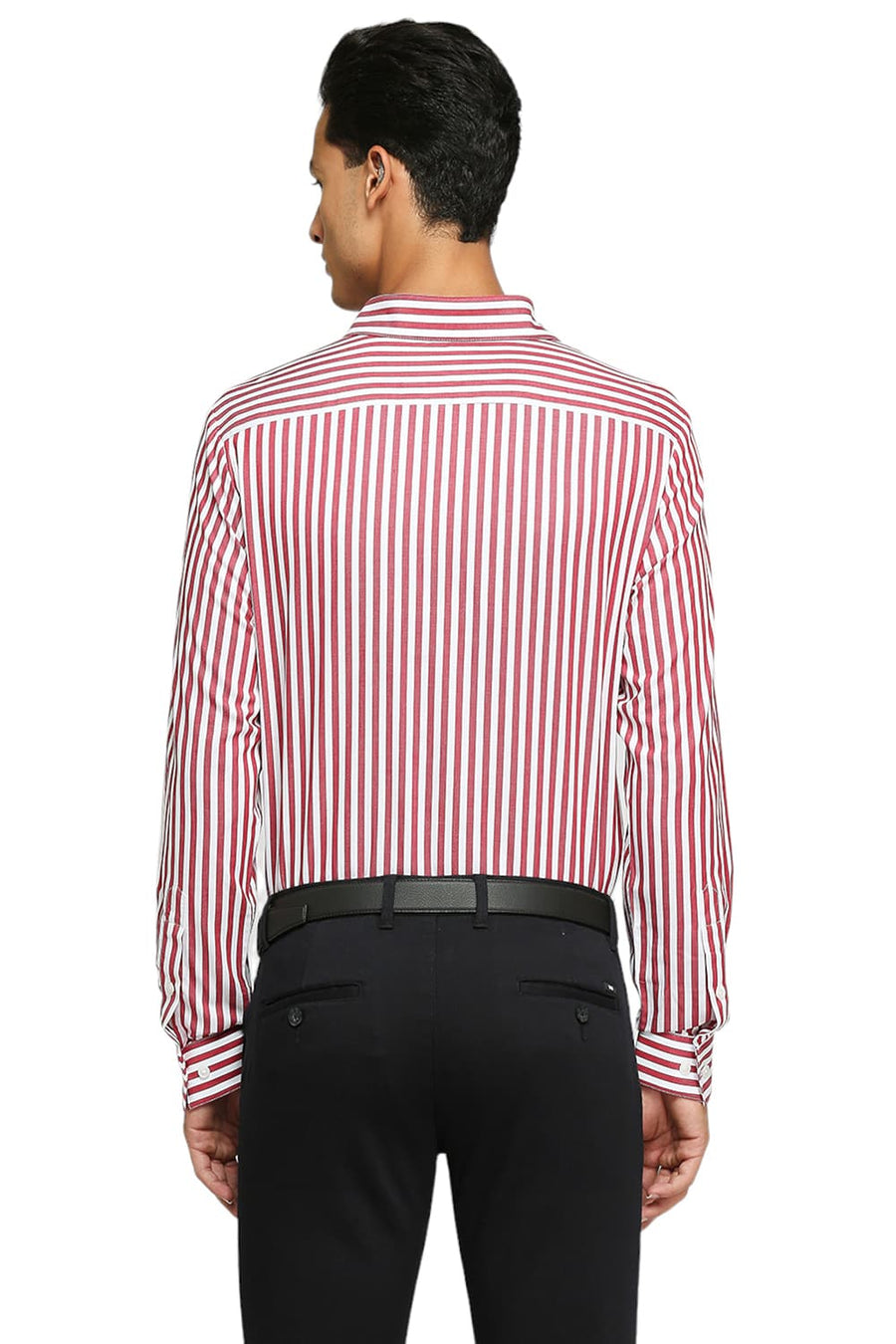 BASICS SLIM FIT MARS RED COTTON TWILL STRIPES SHIRTS