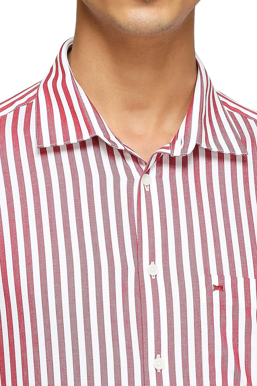 BASICS SLIM FIT MARS RED COTTON TWILL STRIPES SHIRTS
