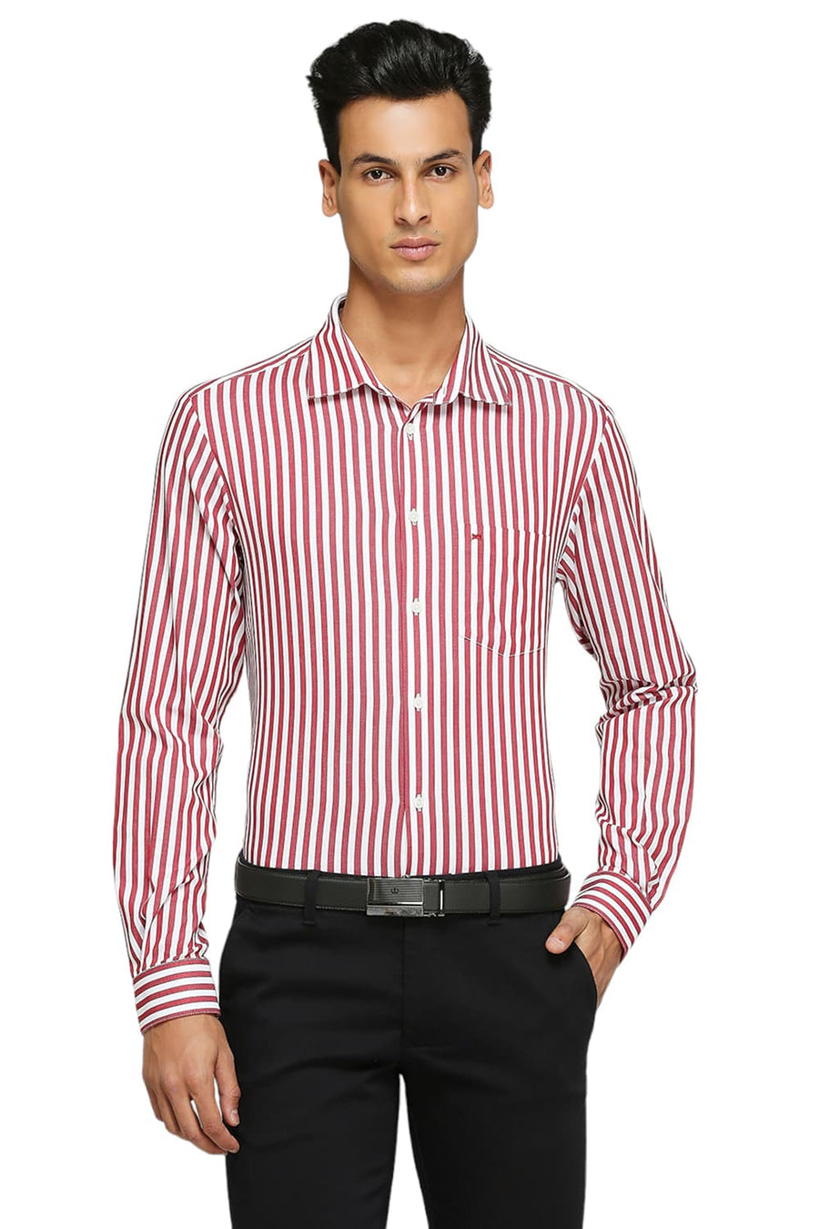 BASICS SLIM FIT MARS RED COTTON TWILL STRIPES SHIRTS