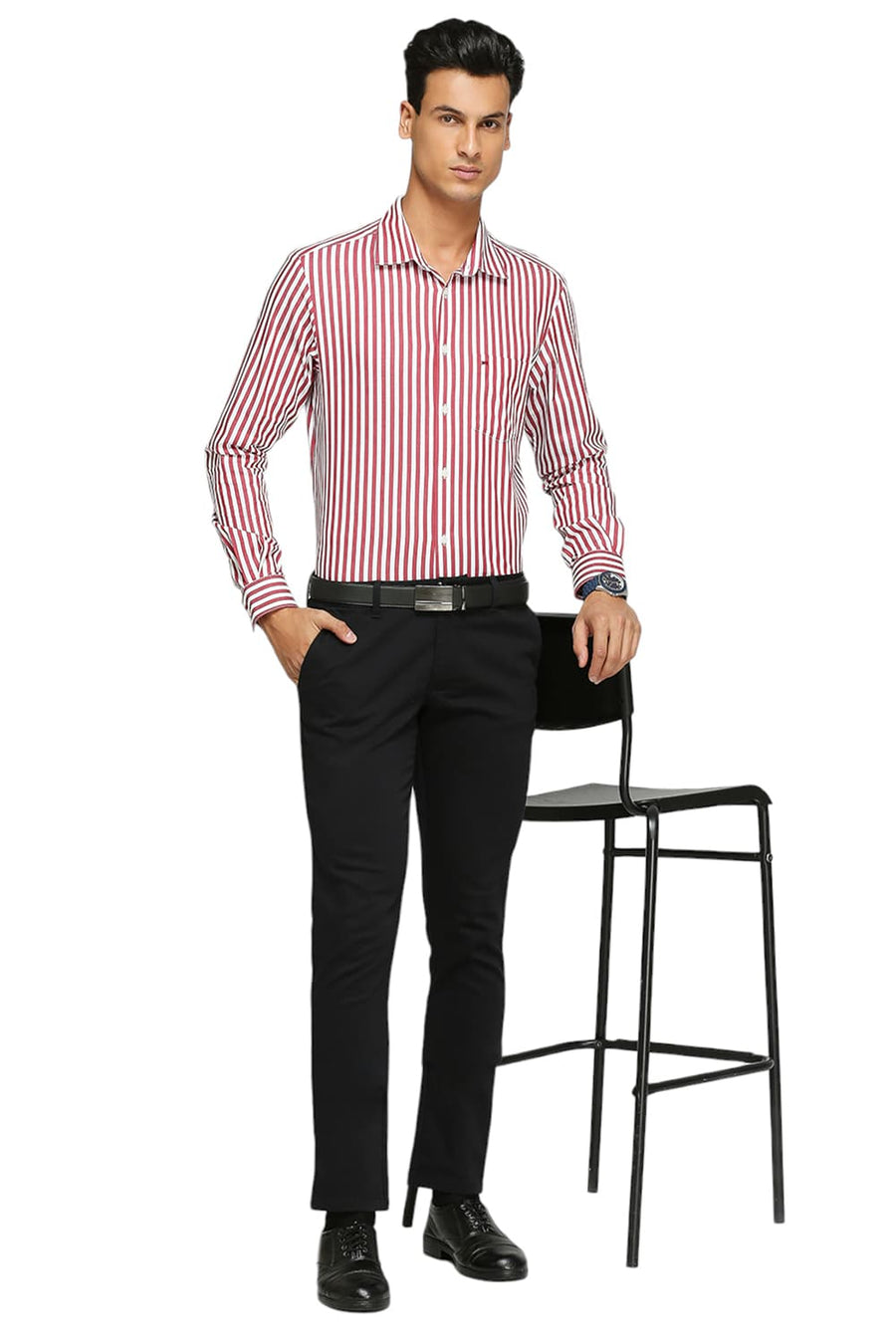 BASICS SLIM FIT MARS RED COTTON TWILL STRIPES SHIRTS