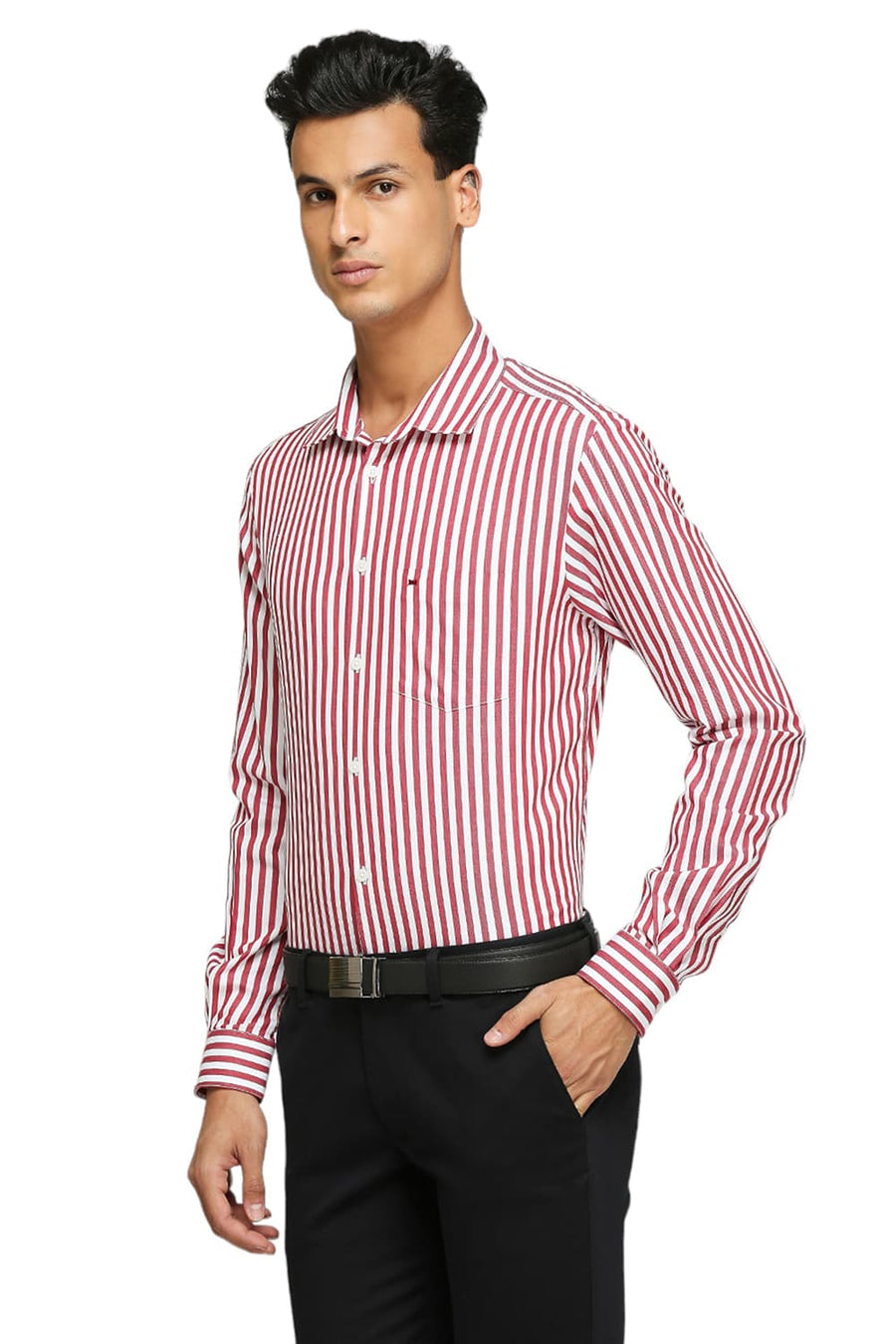 BASICS SLIM FIT MARS RED COTTON TWILL STRIPES SHIRTS