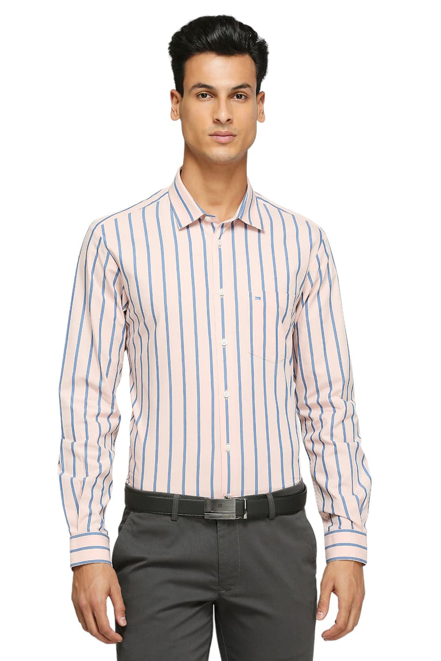 BASICS SLIM FIT PRISM PINK COTTON STRIPES SHIRTS