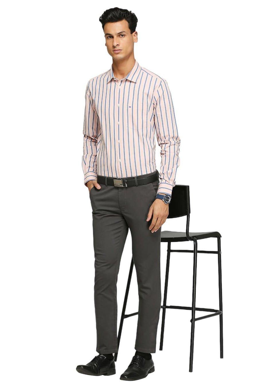BASICS SLIM FIT PRISM PINK COTTON STRIPES SHIRTS