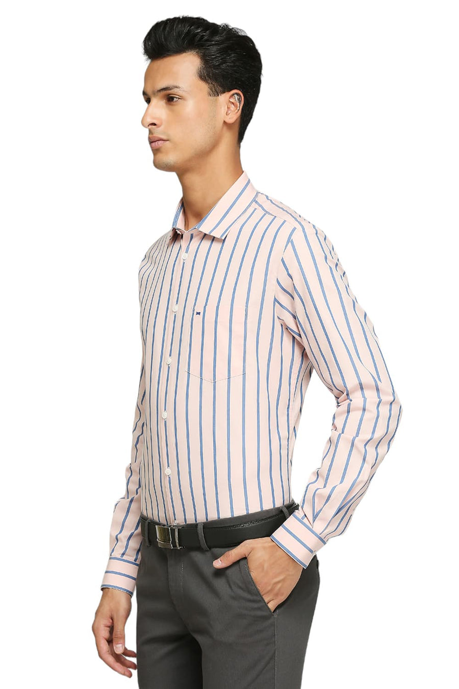 BASICS SLIM FIT PRISM PINK COTTON STRIPES SHIRTS