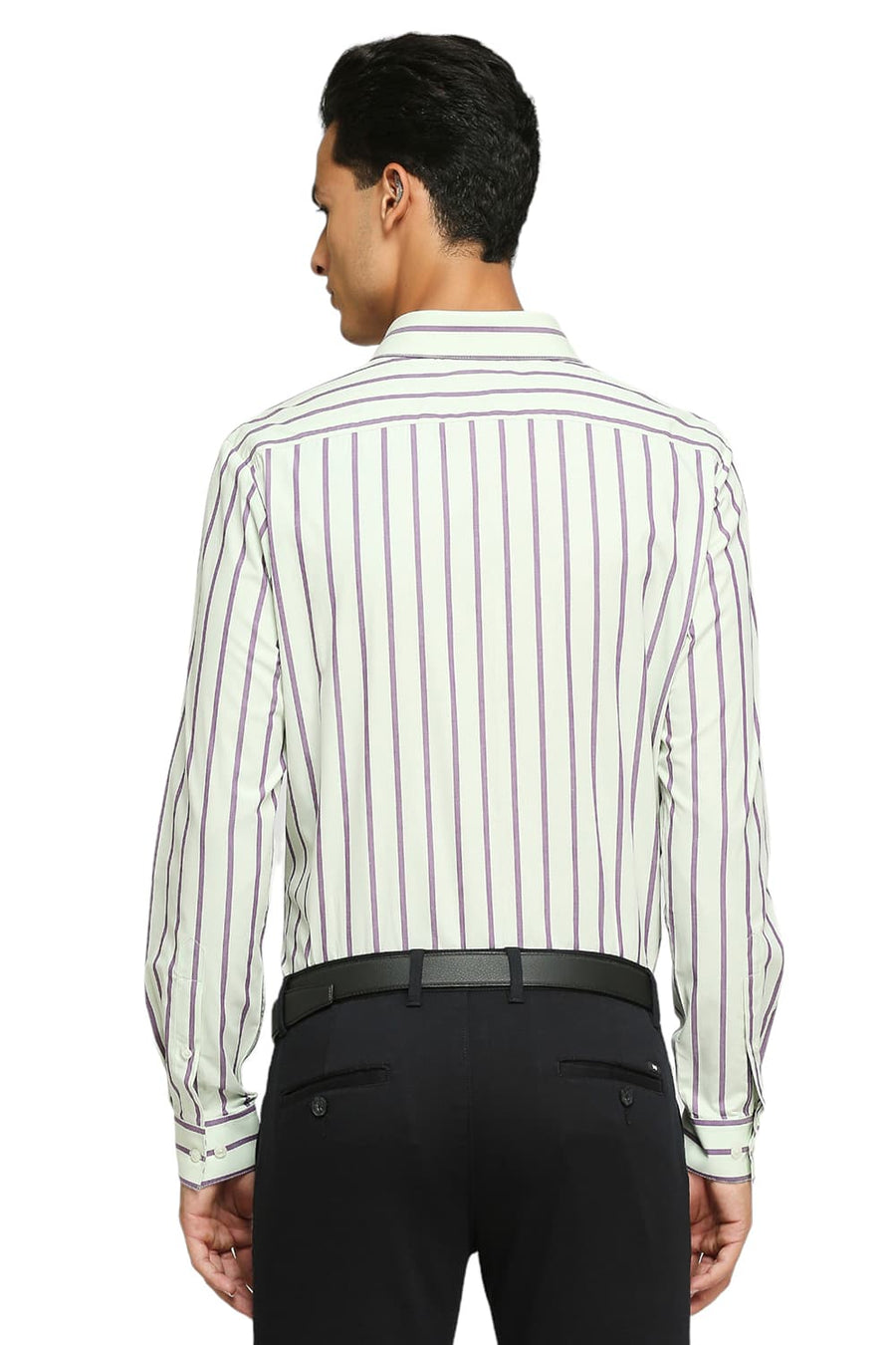 BASICS SLIM FIT LICHEN GREEN COTTON STRIPES SHIRTS