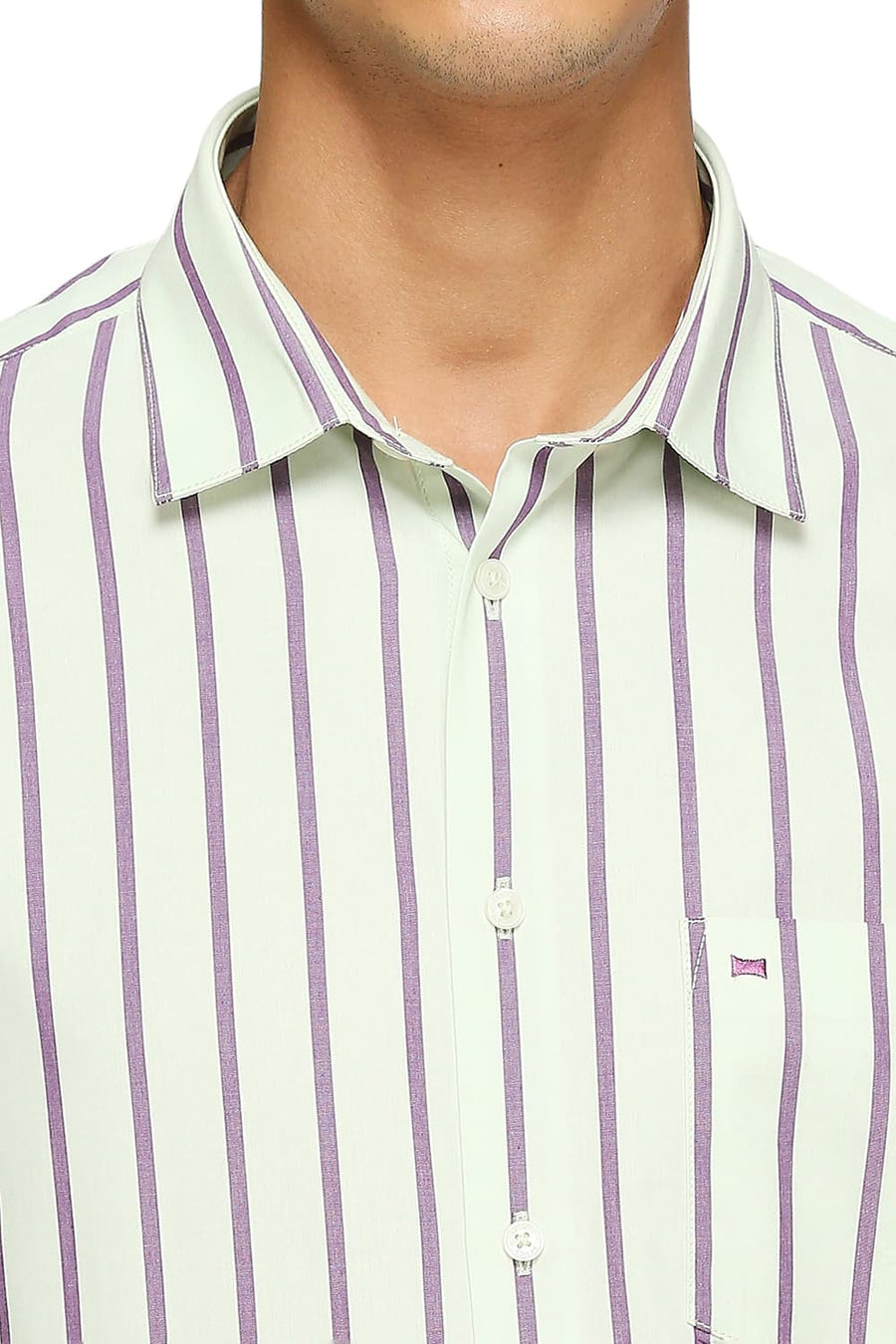 BASICS SLIM FIT LICHEN GREEN COTTON STRIPES SHIRTS