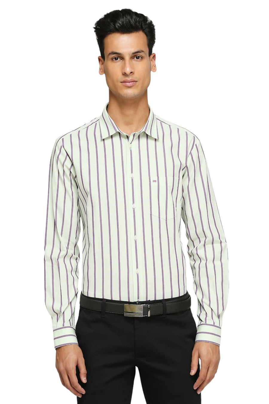 BASICS SLIM FIT LICHEN GREEN COTTON STRIPES SHIRTS