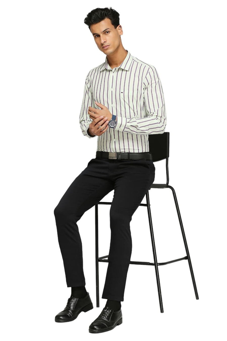 BASICS SLIM FIT LICHEN GREEN COTTON STRIPES SHIRTS