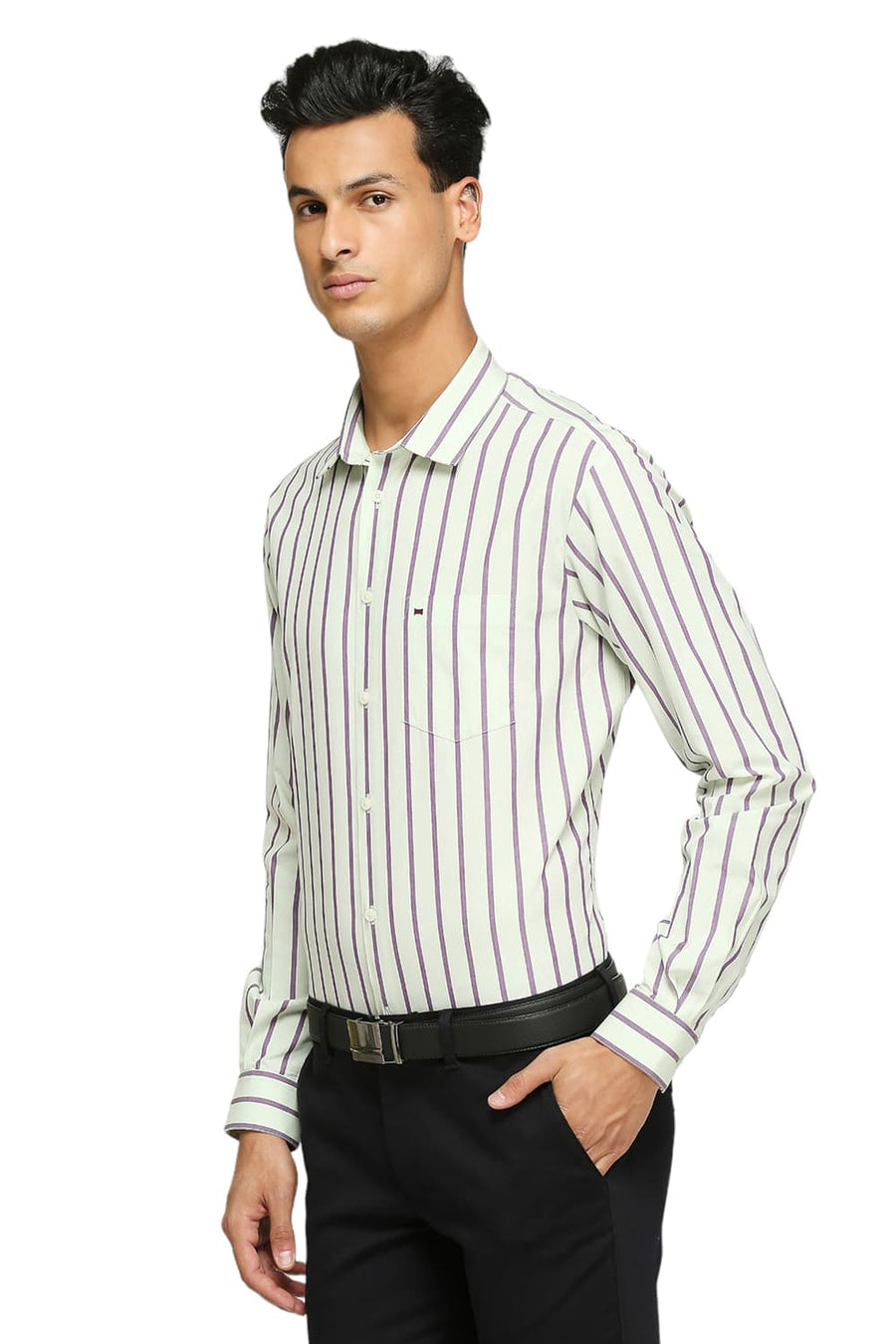 BASICS SLIM FIT LICHEN GREEN COTTON STRIPES SHIRTS