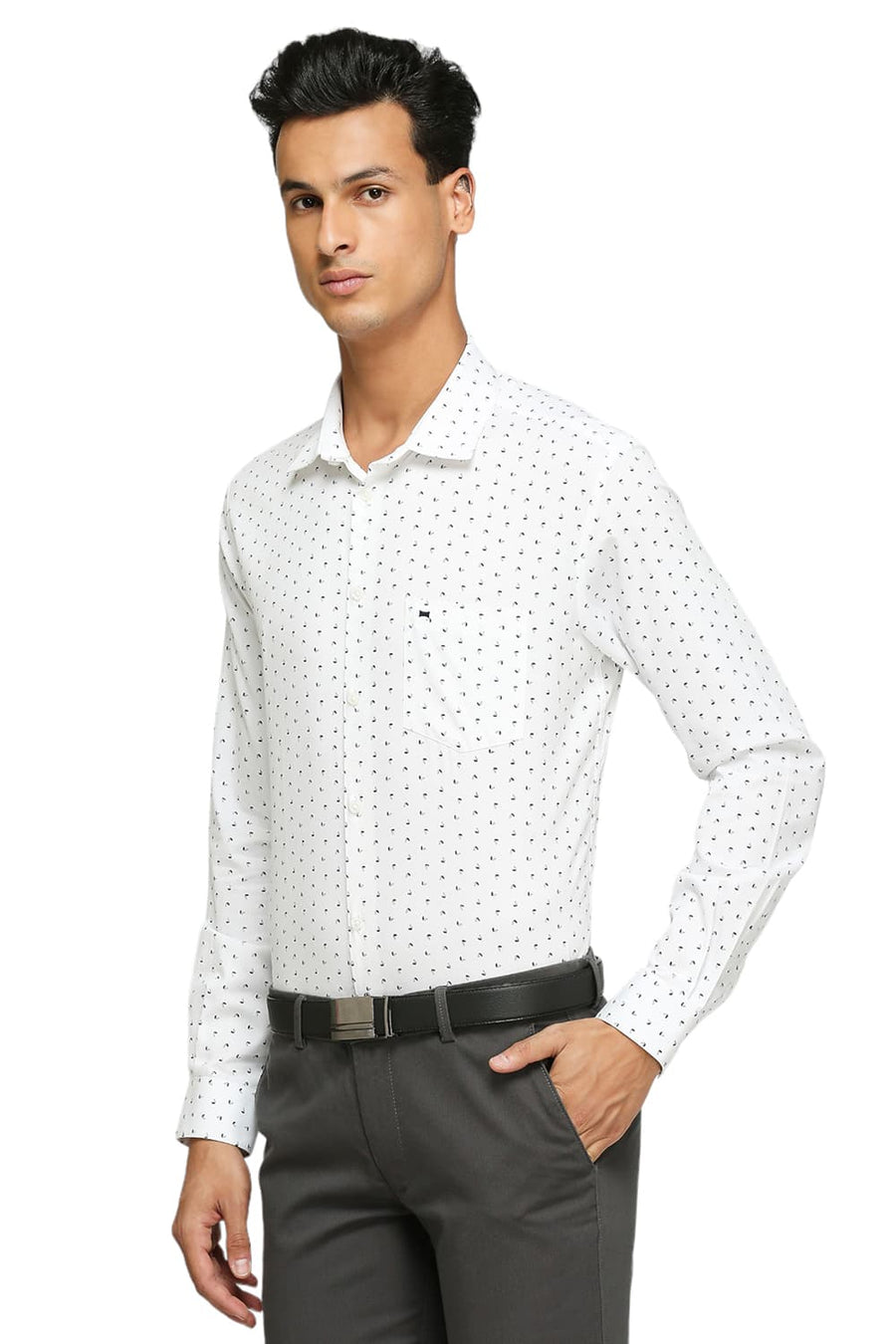 BASICS SLIM FIT CELESTIAL WHITE COTTON TWILL PRINTED SHIRTS