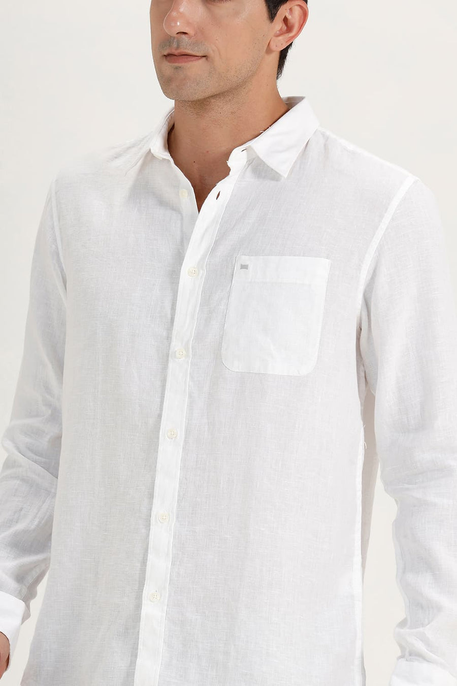 BASICS SLIM FIT BRIGHT WHITE LINEN COTTON CHECKS SHIRT
