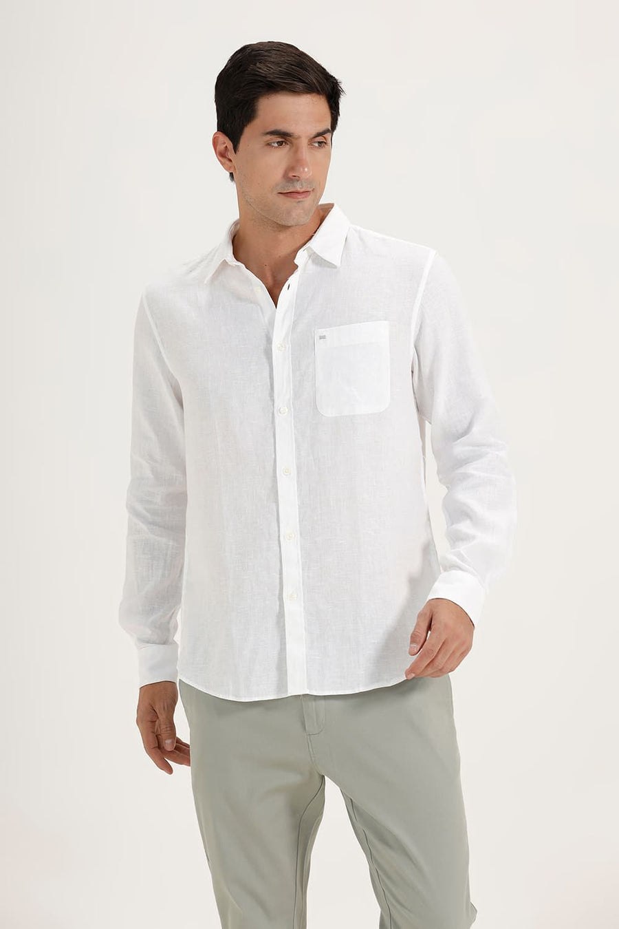 BASICS SLIM FIT BRIGHT WHITE LINEN COTTON CHECKS SHIRT