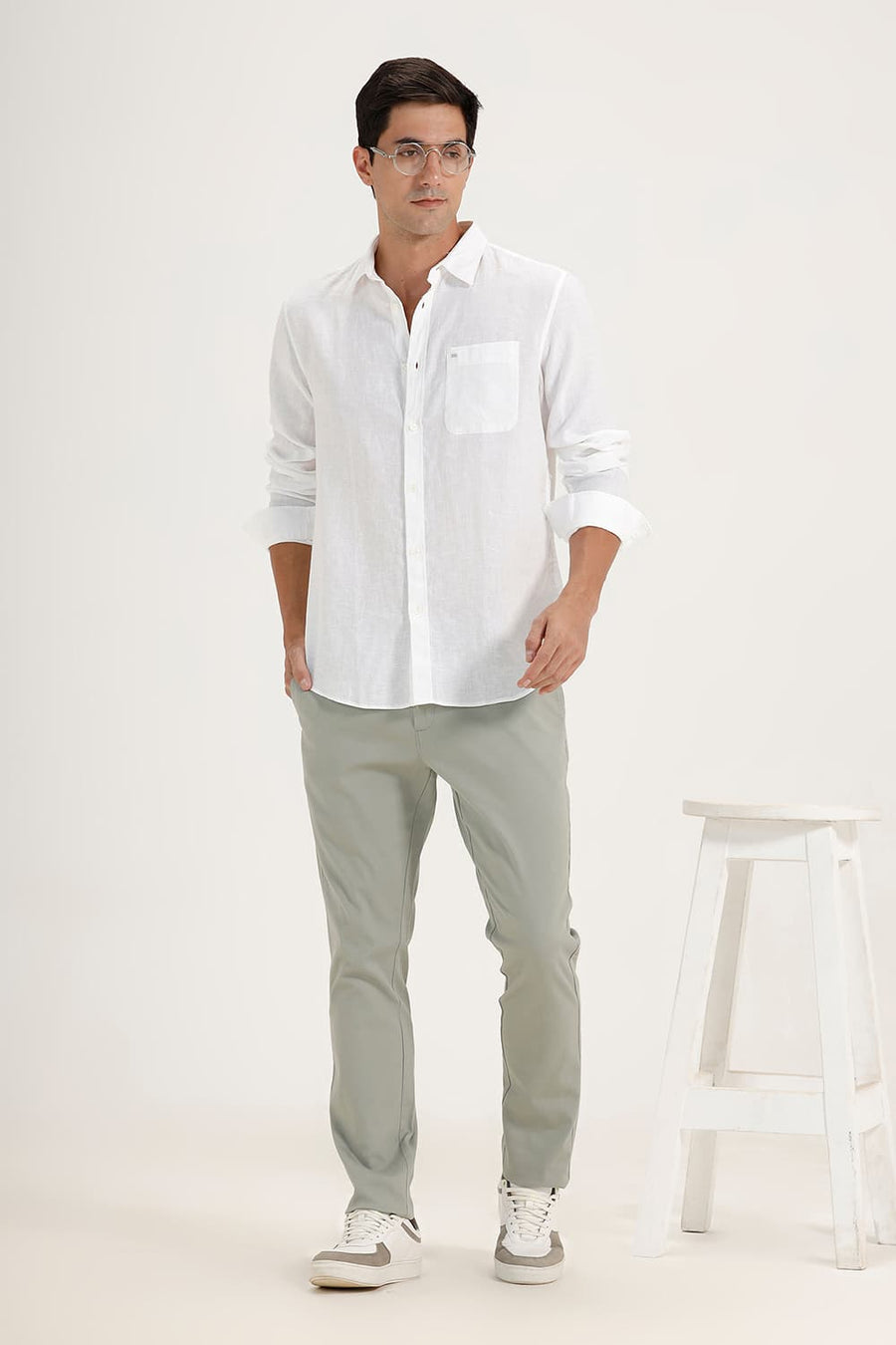 BASICS SLIM FIT BRIGHT WHITE LINEN COTTON CHECKS SHIRT