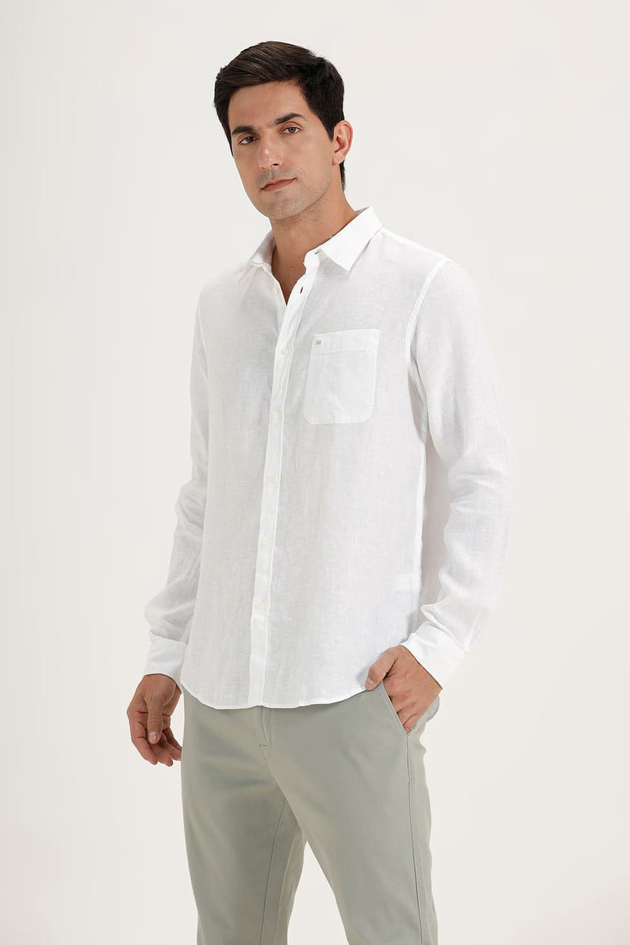 BASICS SLIM FIT BRIGHT WHITE LINEN COTTON CHECKS SHIRT
