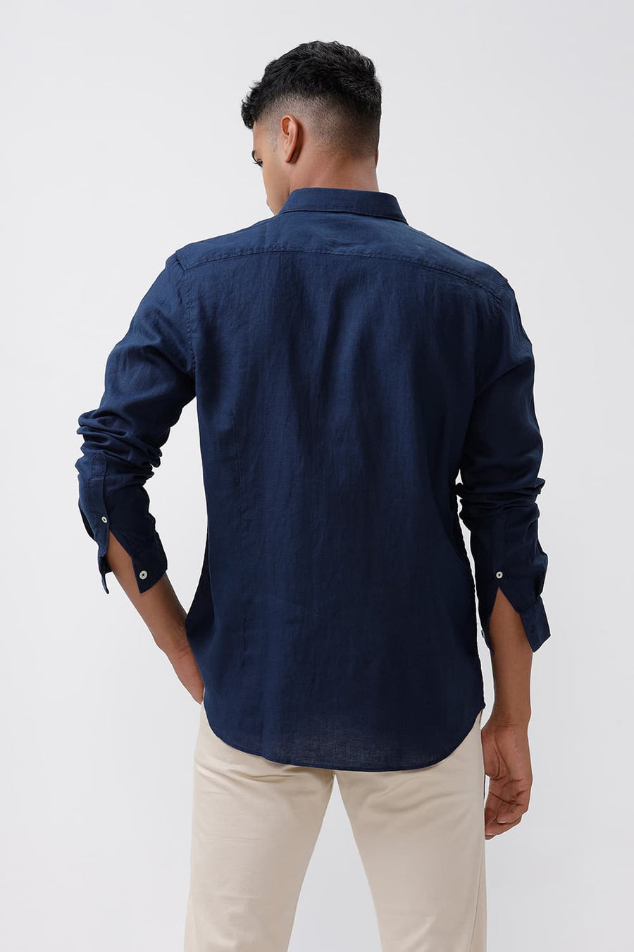 BASICS SLIM FIT INSIGNIA NAVY LINEN COTTON CHECKS SHIRT