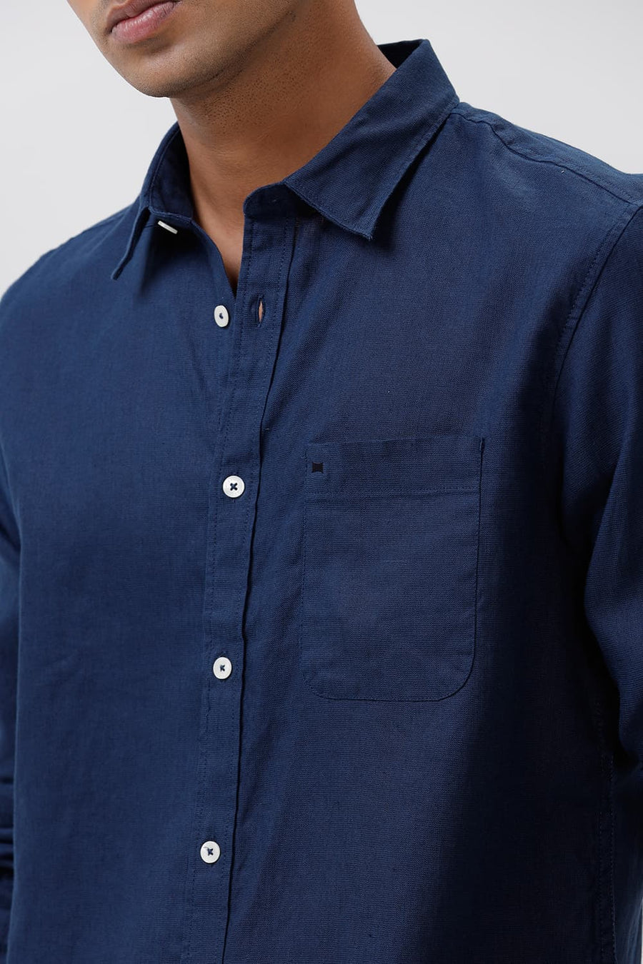 BASICS SLIM FIT INSIGNIA NAVY LINEN COTTON CHECKS SHIRT