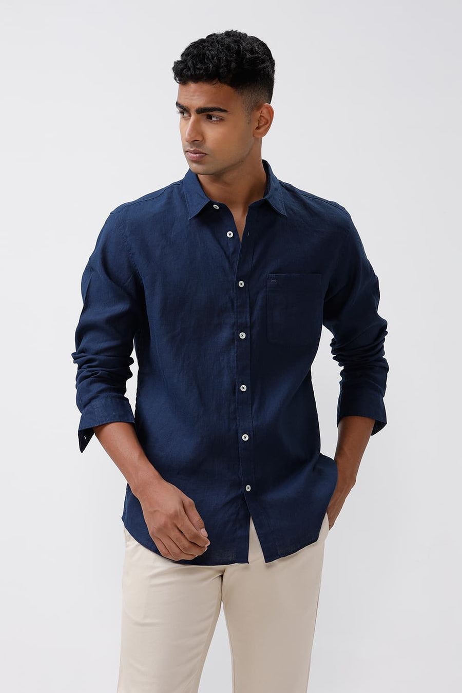 BASICS SLIM FIT INSIGNIA NAVY LINEN COTTON CHECKS SHIRT