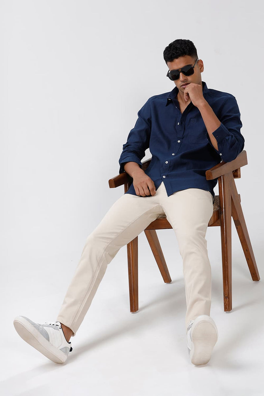 BASICS SLIM FIT INSIGNIA NAVY LINEN COTTON CHECKS SHIRT