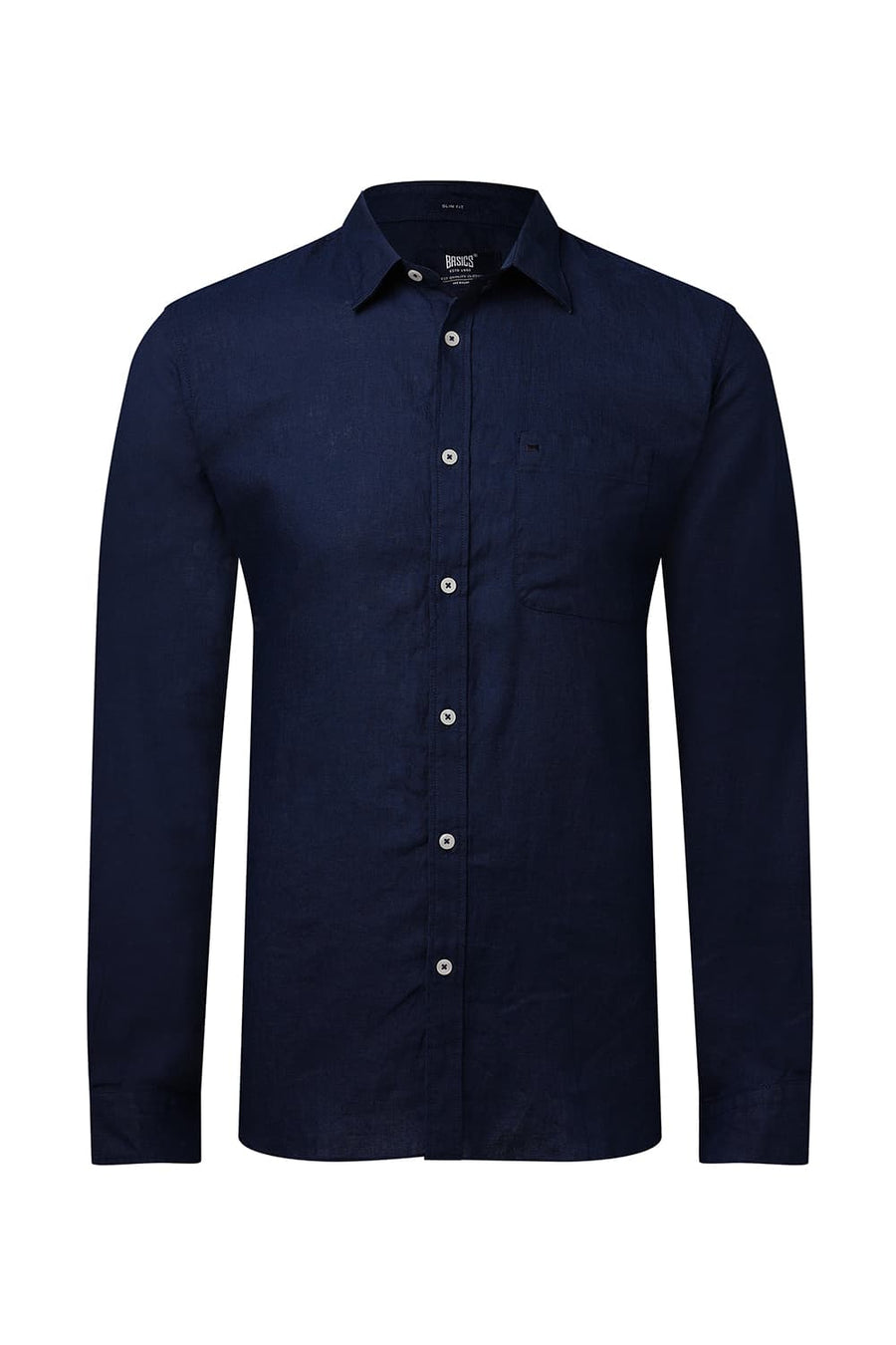 BASICS SLIM FIT INSIGNIA NAVY LINEN COTTON CHECKS SHIRT