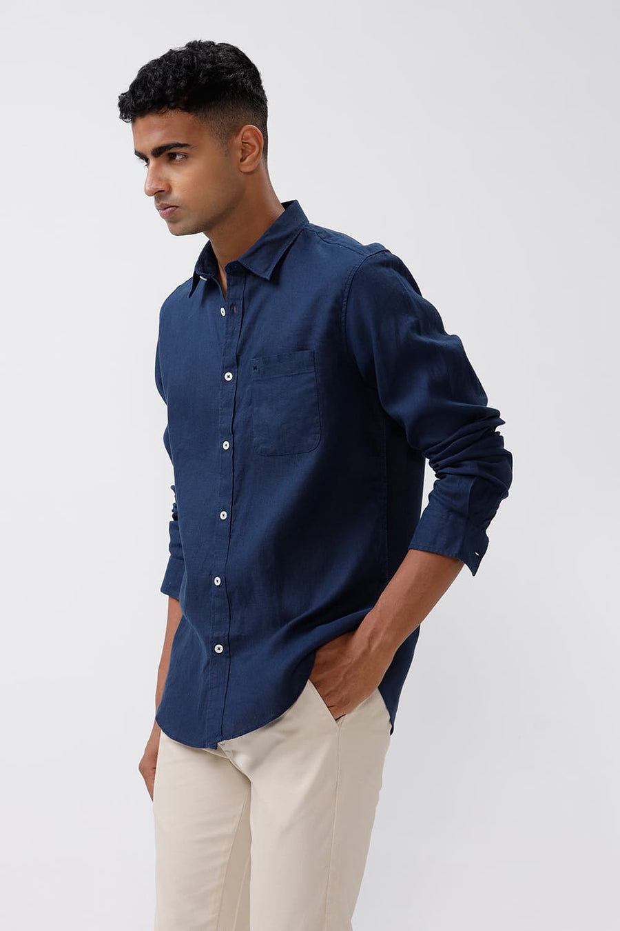BASICS SLIM FIT INSIGNIA NAVY LINEN COTTON CHECKS SHIRT