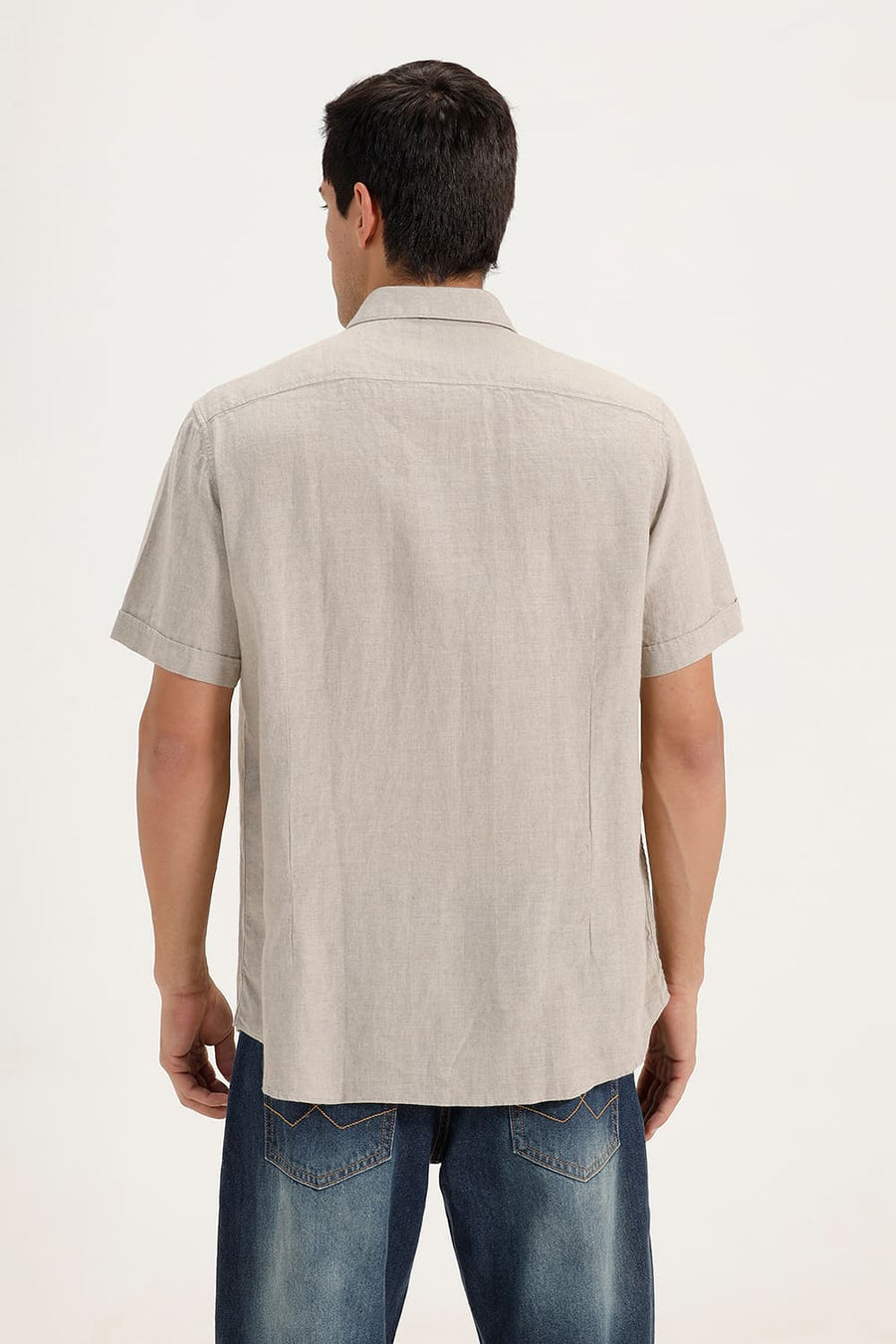 BASICS SLIM FIT NATURAL DOESKIN LINEN COTTON CHECKS SHIRT