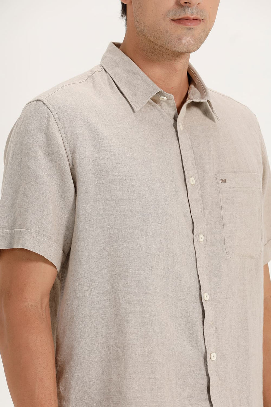 BASICS SLIM FIT NATURAL DOESKIN LINEN COTTON CHECKS SHIRT
