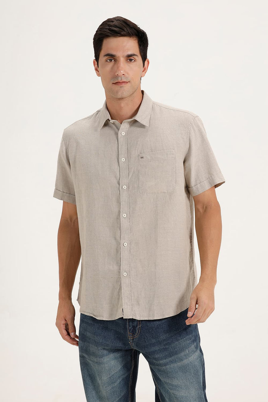 BASICS SLIM FIT NATURAL DOESKIN LINEN COTTON CHECKS SHIRT