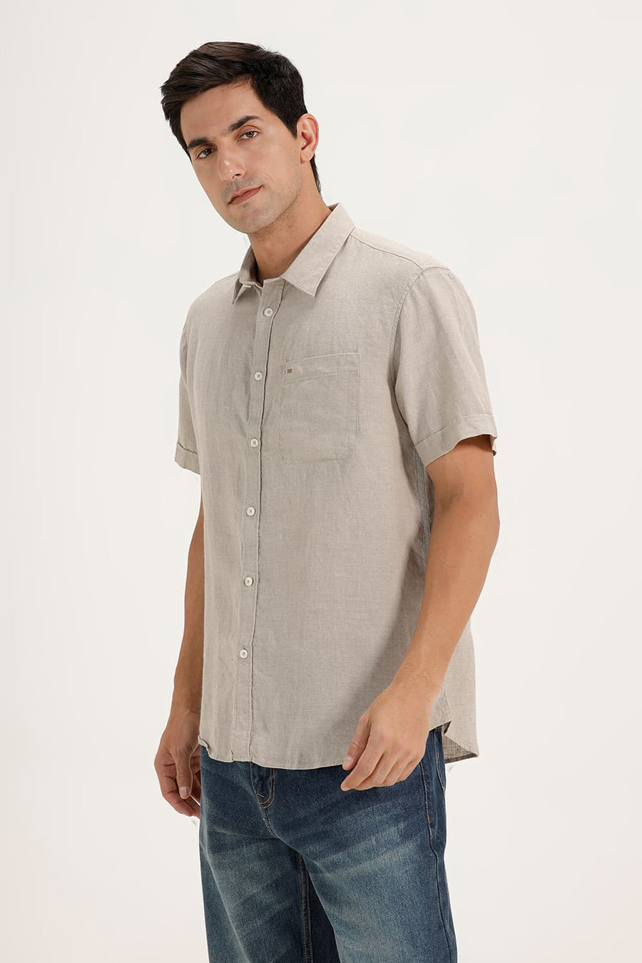 BASICS SLIM FIT NATURAL DOESKIN LINEN COTTON CHECKS SHIRT
