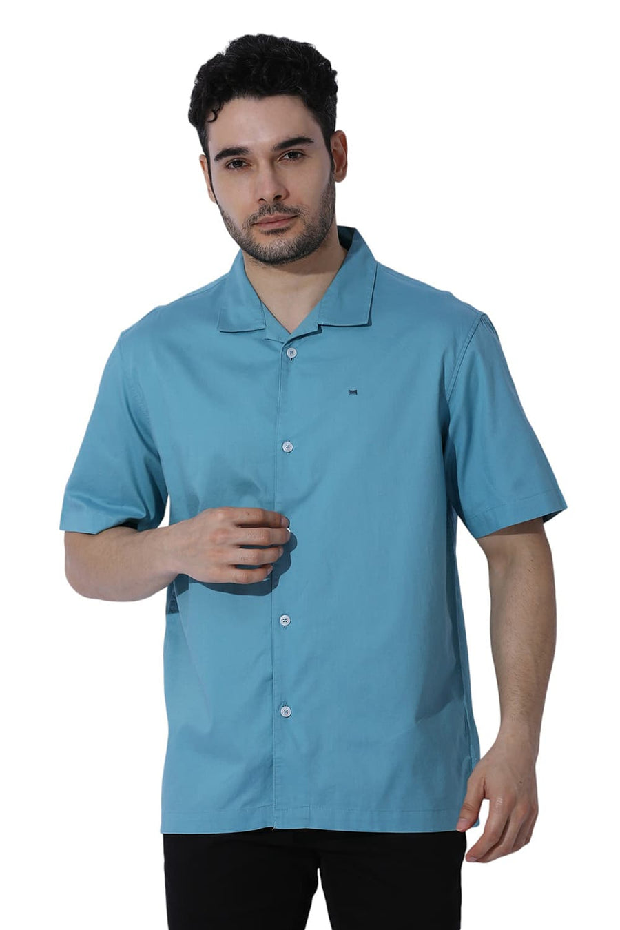 BASICS RELAXED FIT REEF TEAL COTTON OXFORD HALFSLEEVES SHIRT