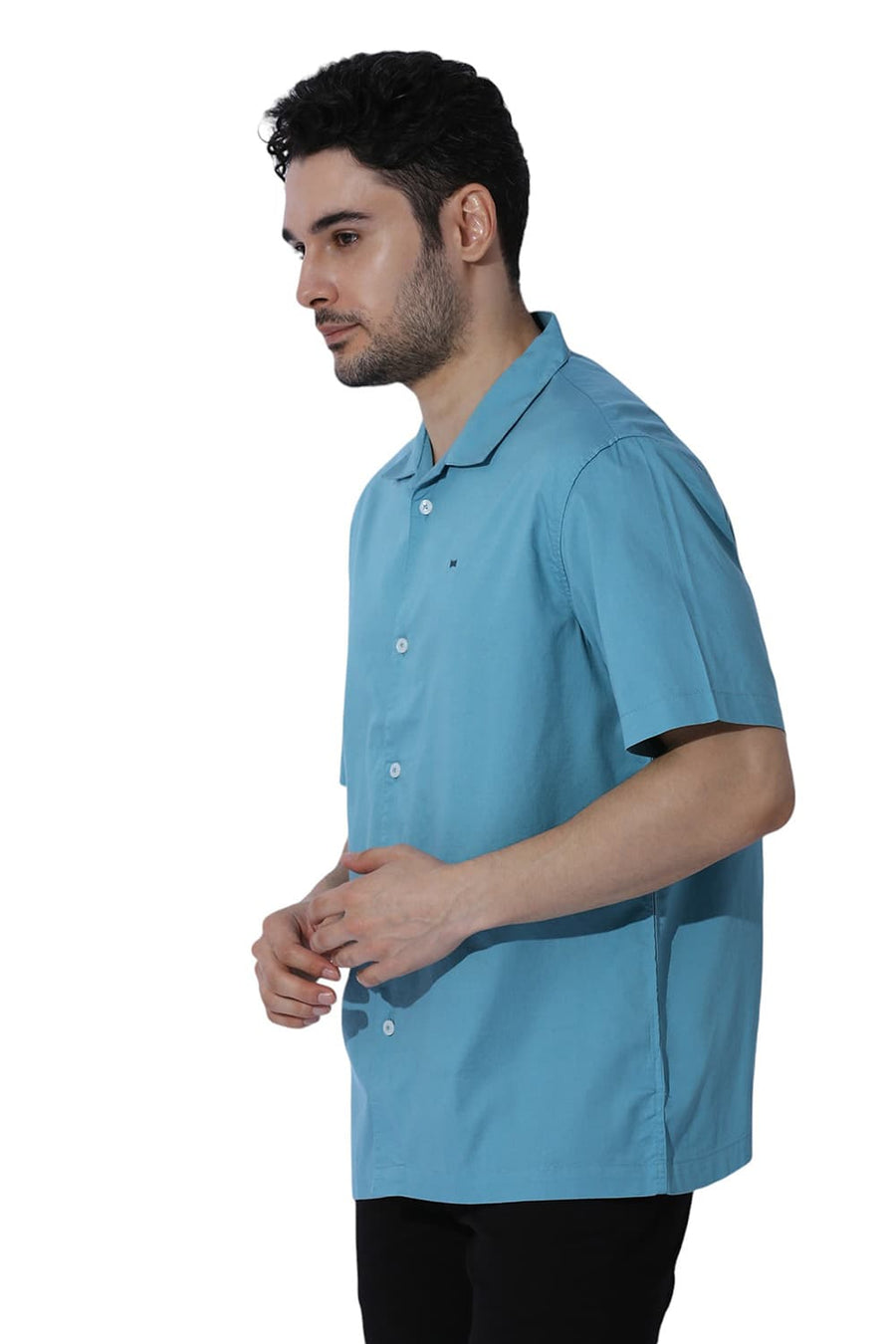 BASICS RELAXED FIT REEF TEAL COTTON OXFORD HALFSLEEVES SHIRT